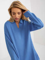 Hurt Niebieski długi sweter oversize z kołnierzykiem RUE PARIS