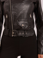 Black women's biker jacket with a belt.