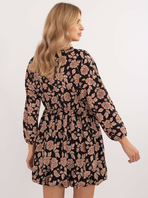 Hurt Beżowo-czarna sukienka w kwiaty z długim rękawem