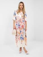 Kremowa satynowa sukienka z kopertowym dekoltem