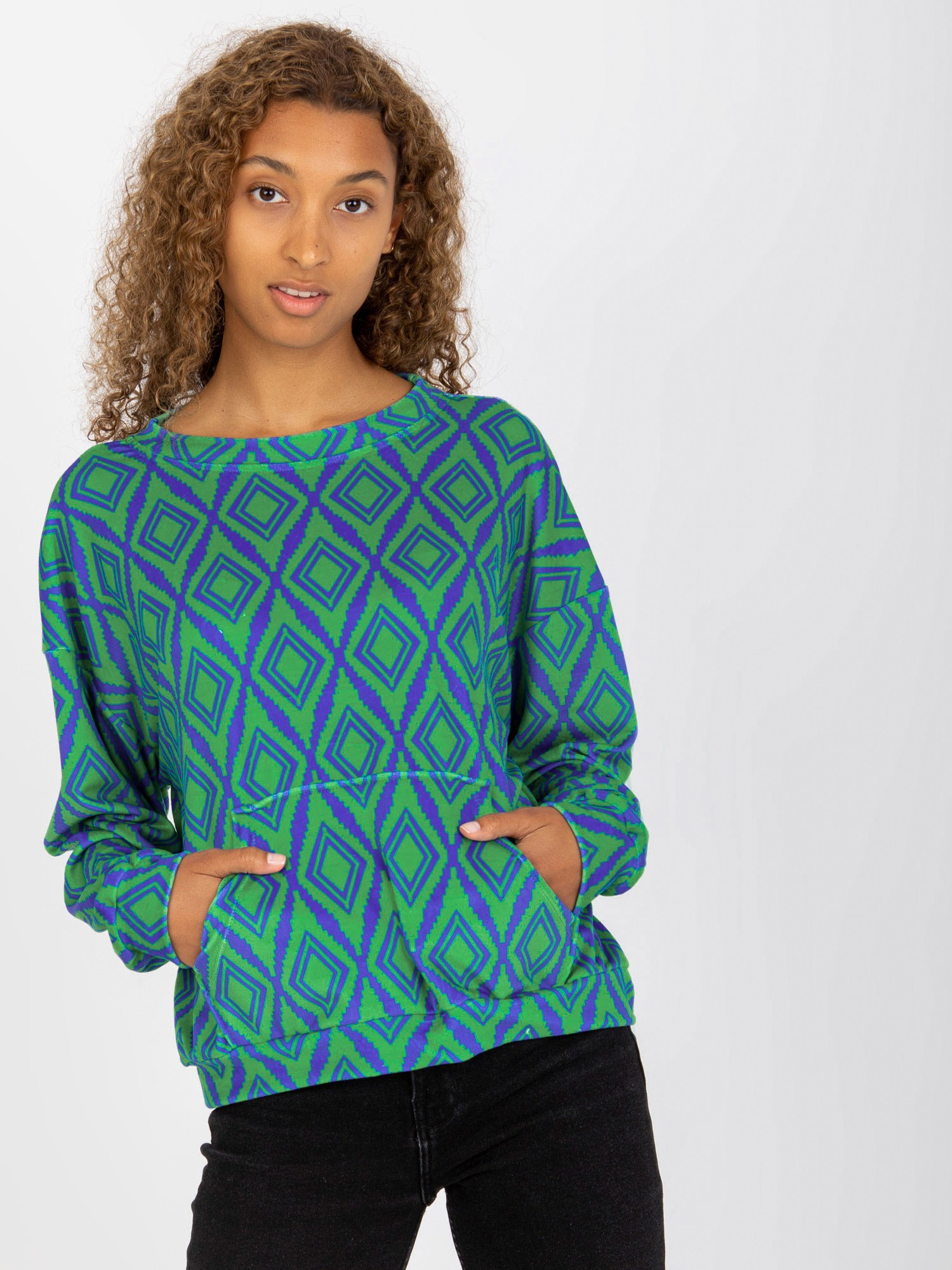 Zielono-niebieska welurowa bluza z nadrukiem RUE PARIS