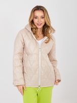 Beige gesteppte Jacke mit Reißverschluss.