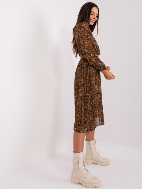 Hurt Brązowo-czarna sukienka w panterkę z paskiem