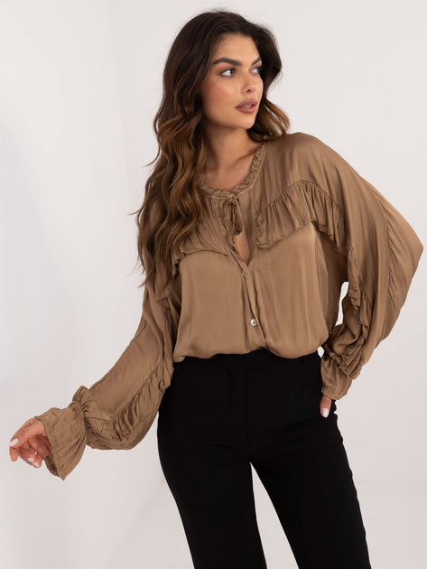 Hurt Camelowa bluzka koszulowa z wiązanym dekoltem OCH BELLA