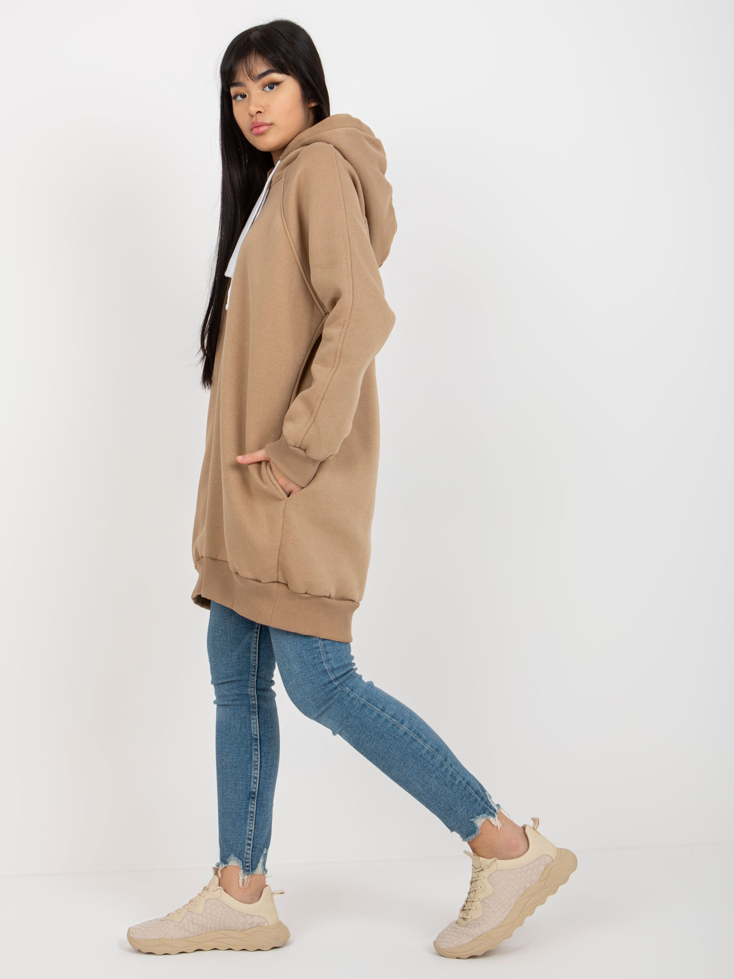 Hurt Ciemnobeżowa długa dresowa bluza basic z kapturem