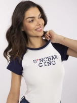 Ecru-granatowy damski t-shirt z nadrukiem