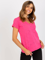 Różowy bawełniany t-shirt z dekoltem V 