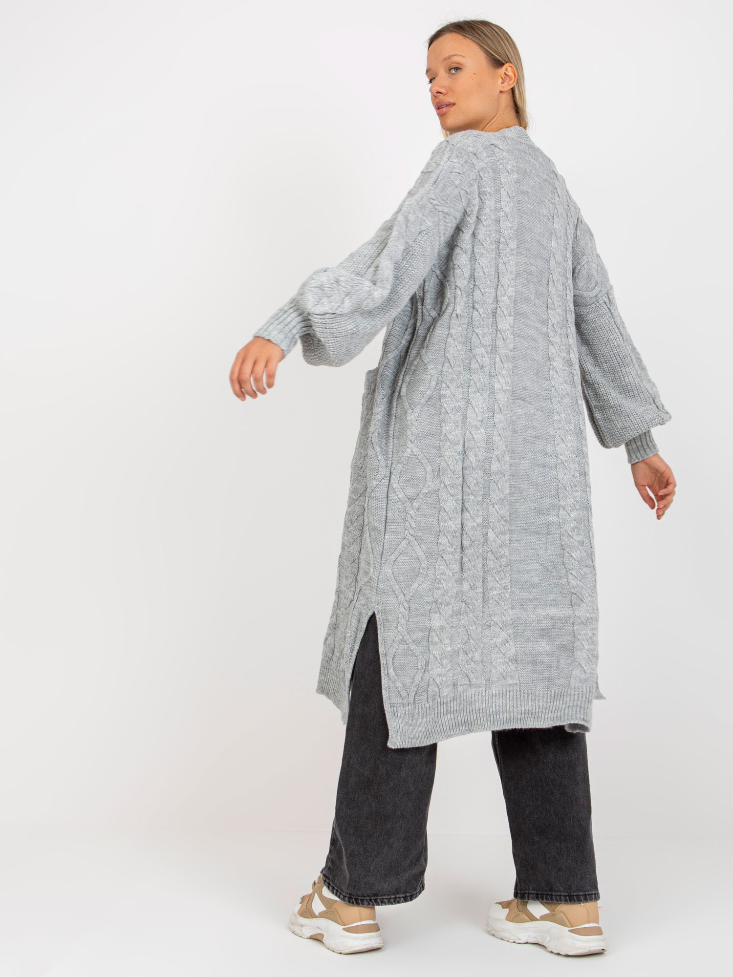 Hurtownia online Szary maxi kardigan w warkocze RUE PARIS 