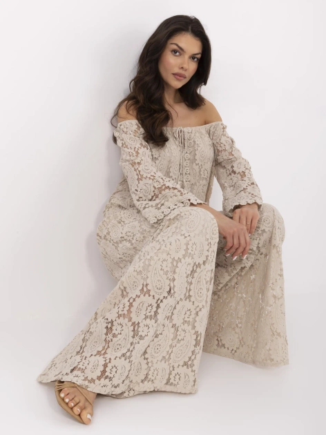 Beżowe szerokie spodnie z koronką