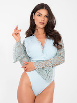 Miętowe damskie body z koronkowymi rękawami 