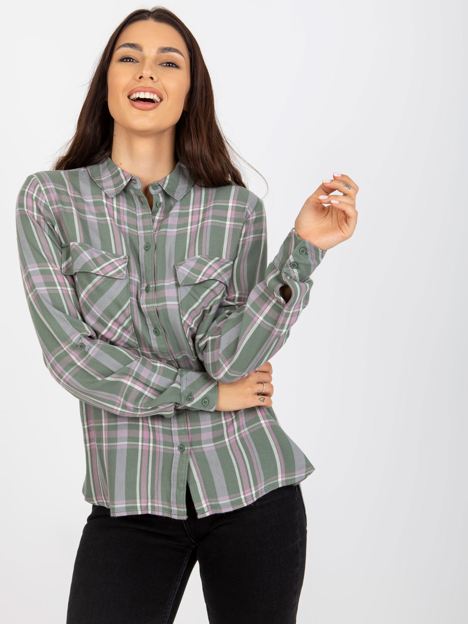 Hurtownia Khaki damska koszula w kratę z kieszeniami 