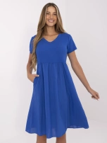 Dark blue dress with short sleeves.