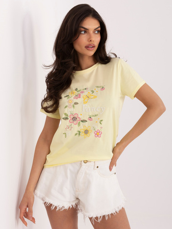 Jasnożółty damski t-shirt z aplikacją
