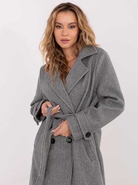 Szary elegancki płaszcz z wiązanym paskiem