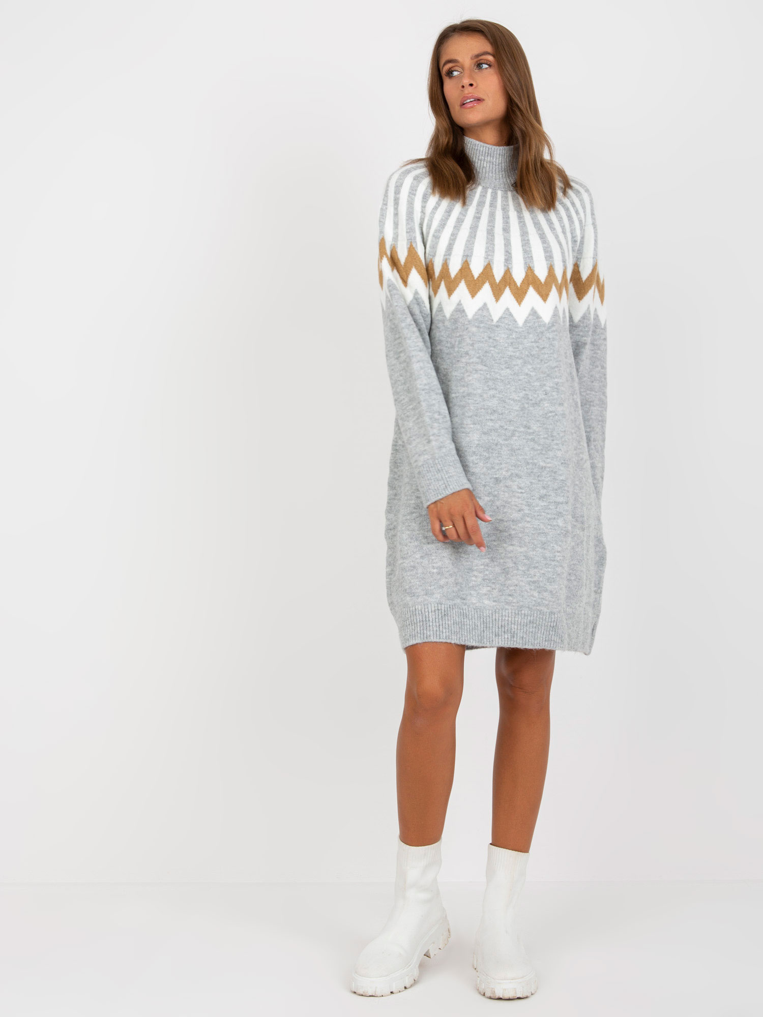 Großhandel Graues Melange-Kleid aus Strickstoff bis zum Knie RUE PARIS.