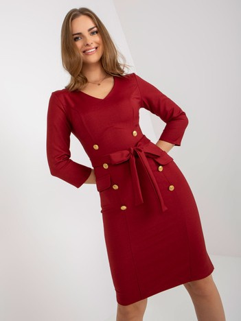 Hurt Ciemnoczerwona dwurzędowa sukienka koktajlowa z wiązanym paskiem