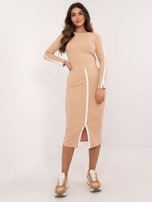 Hurt Camelowy casualowy komplet damski w prążek