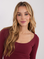 Bordowa krótka bluzka basic z długim rękawem