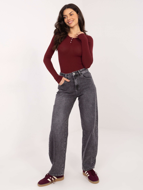 Bordowa krótka bluzka basic z długim rękawem