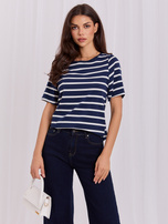 Dunkelblau-weißer Damen Basic T-Shirt mit Streifen RUE PARIS.