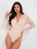 Beżowe eleganckie body z rozkloszowanym rękawem