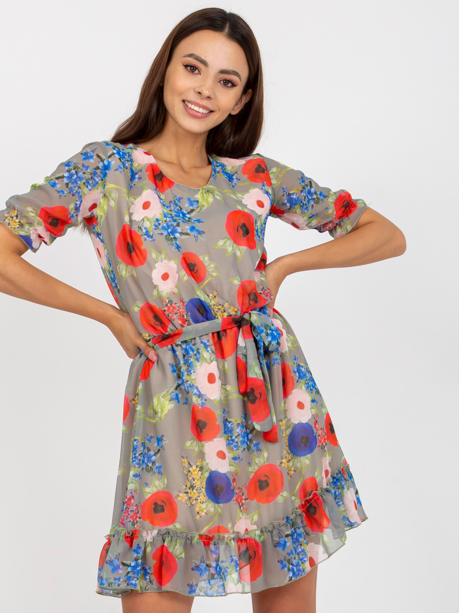 Khaki sukienka mini w kwiaty z krótkim rękawem Blake 