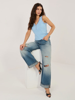 Jasnoniebieski prążkowany top z koronką