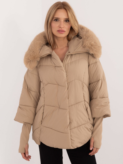 Hurt Camelowa zimowa kurtka damska z kapturem