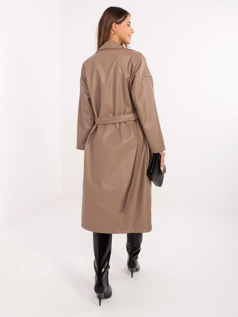 Ciemnobeżowy skórzany płaszcz z paskiem RUE PARIS