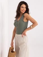 Khaki top with buttons at the neckline.
