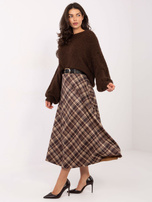 Czekoladowa rozkloszowana spódnica w kratę RUE PARIS