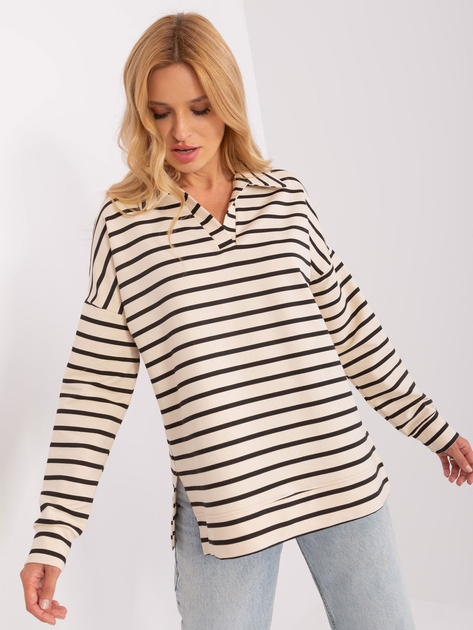 Hurt Ecru-czarna bluzka oversize z kołnierzem