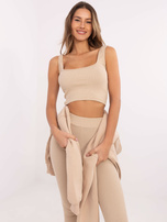 Beige three-piece set with a warm hoodie.
