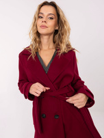 Bordowy długi płaszcz z paskami na rękawach 