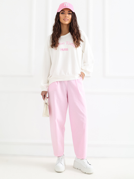 Jasnoróżowe sztruksowe spodnie z zakładkami RUE PARIS