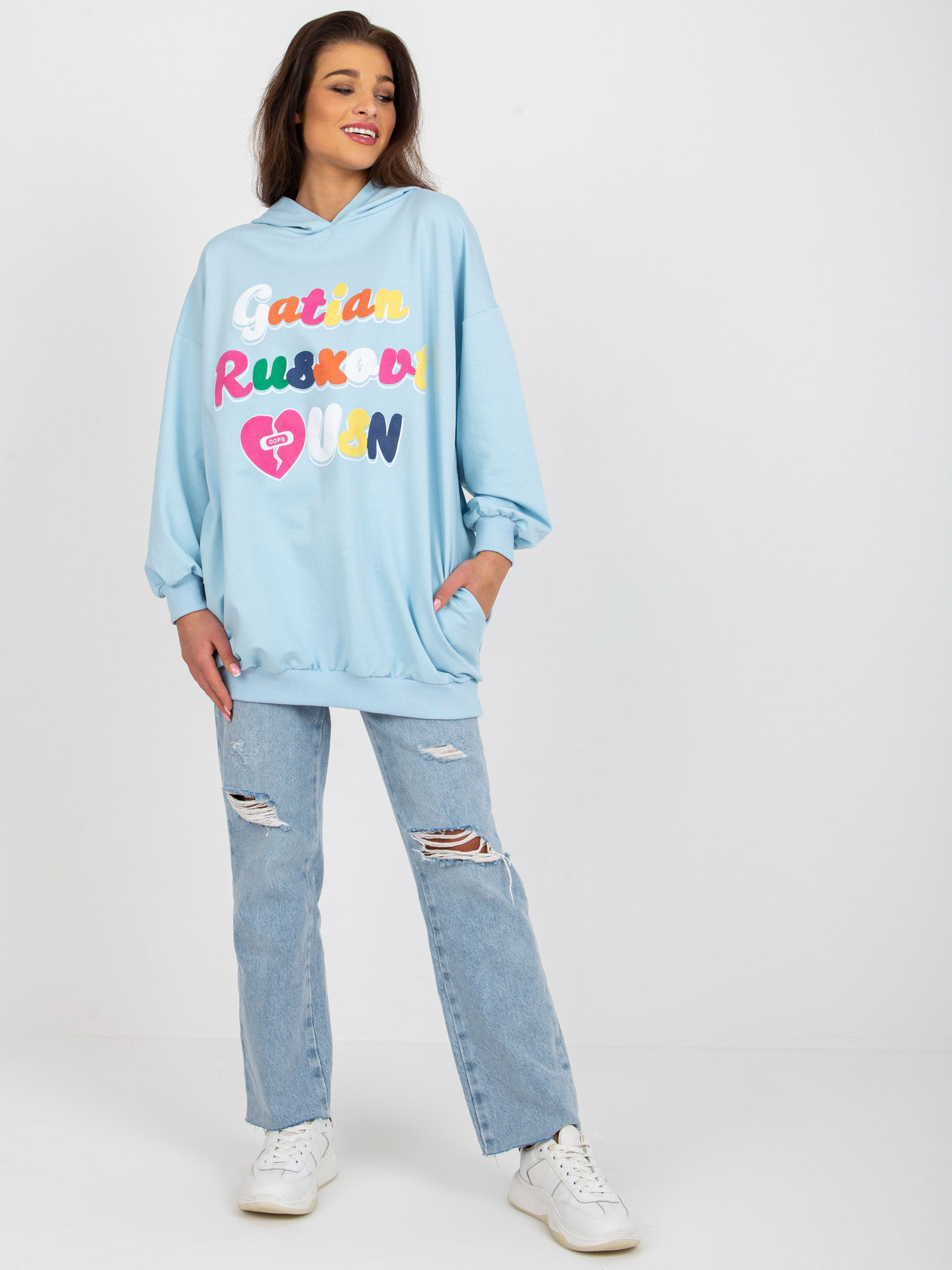Hurt Light Blue Long Hoodie with Prints and Hood