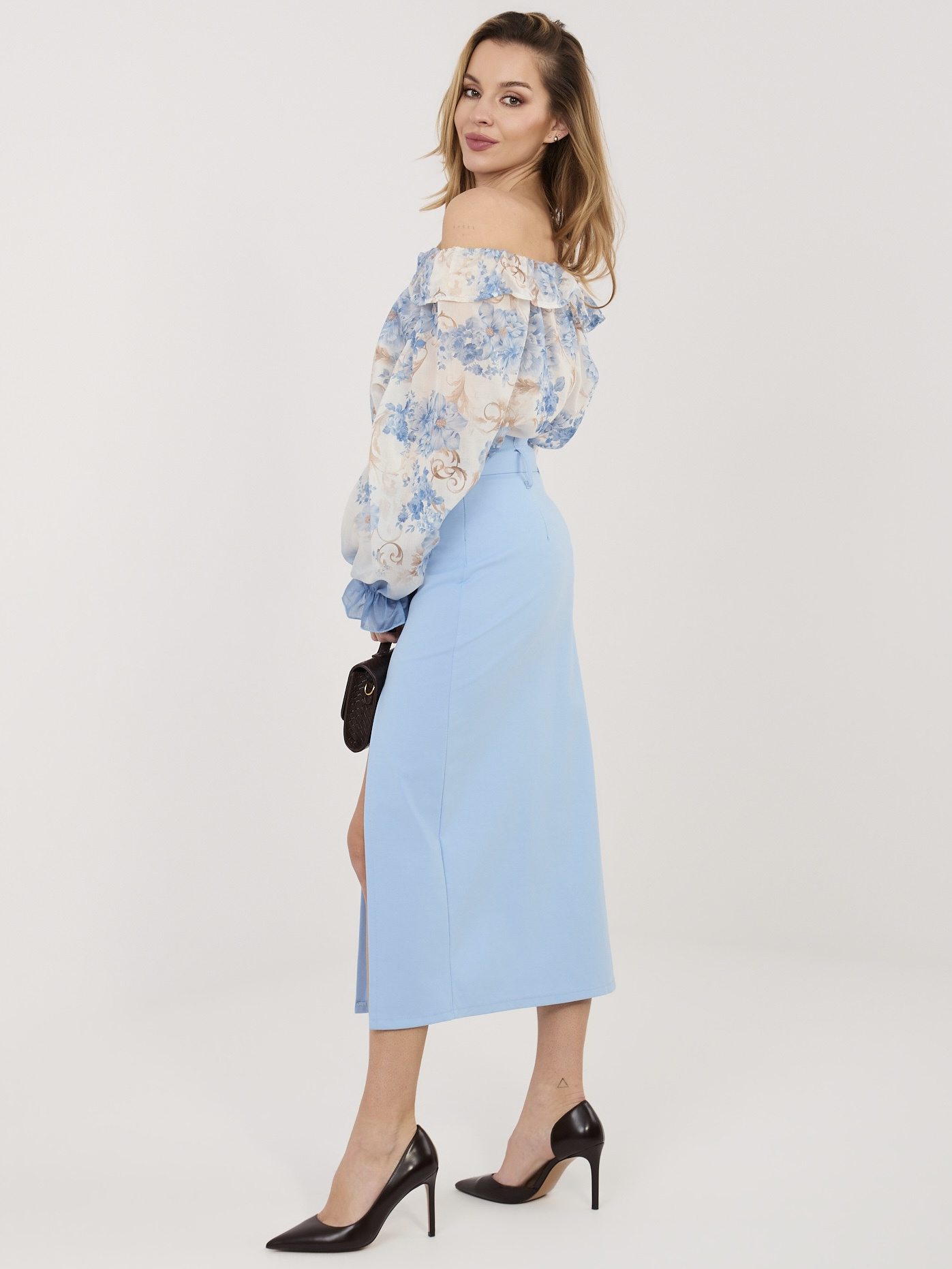 Jasnoniebieska ołówkowa spódnica z wysokim stanem RUE PARIS 