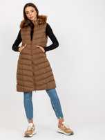 Hurt Brązowa długa kamizelka puchowa z kapturem RUE PARIS