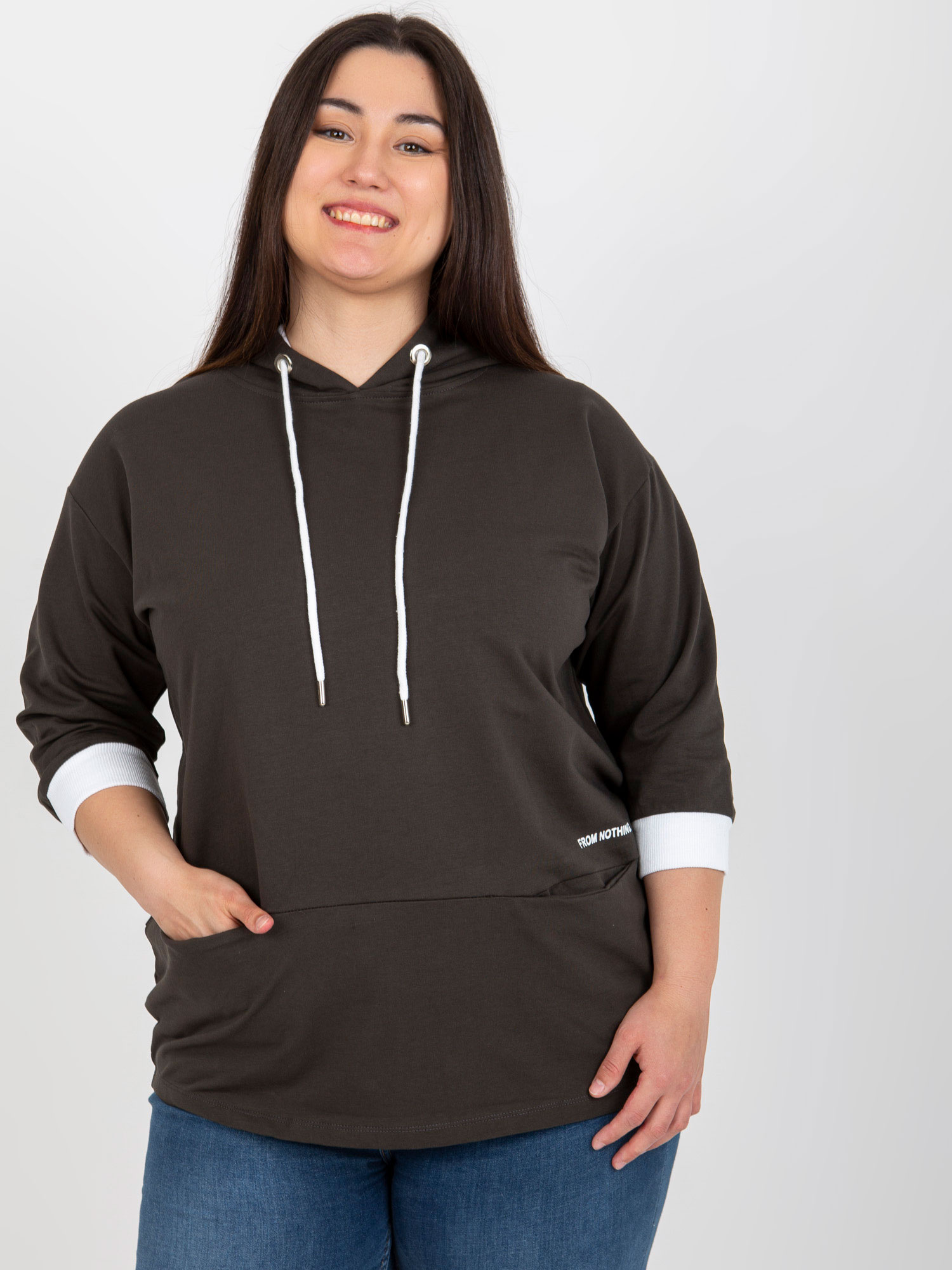 Khaki bawełniana bluza plus size z rękawem 3/4