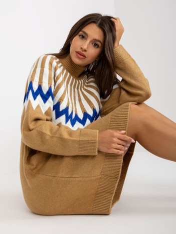 Hurt Camelowa sukienka z dzianiny we wzory RUE PARIS