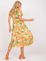 Orange-Green Pleated One Size Floral Dress