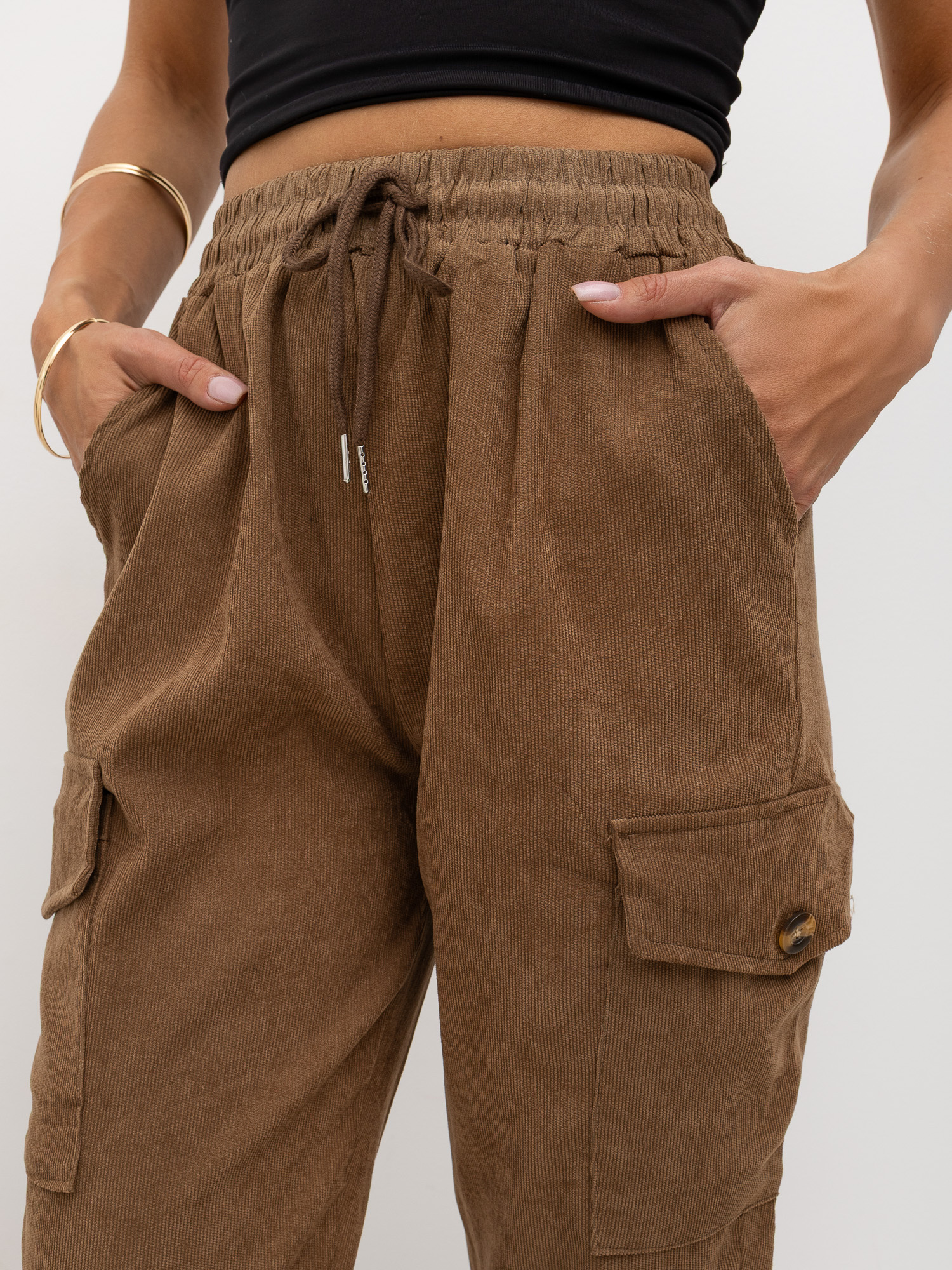 Brown corduroy pants with cuffs at the bottom.