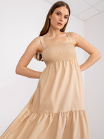 Beżowa sukienka maxi na ramiączkach z falbaną RUE PARIS 