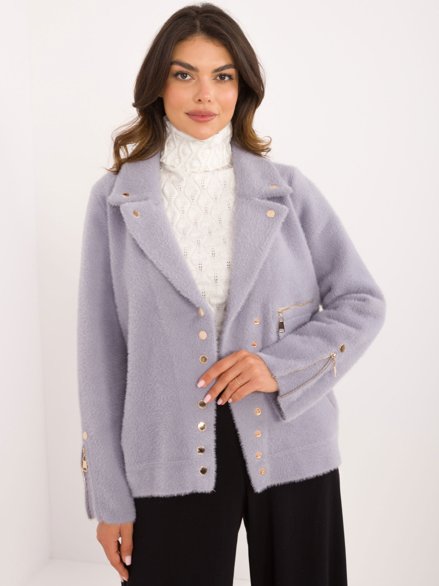 Hurt Light purple alpaca jacket with snap fastener.