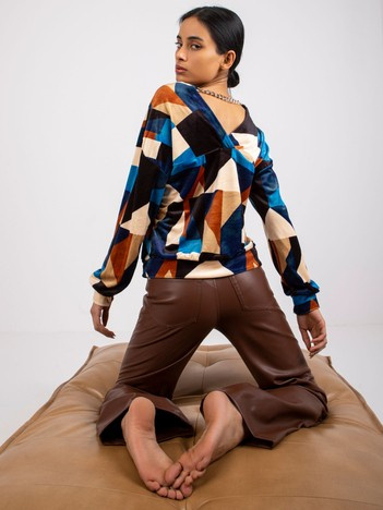 Liliana blue and brown patterned velor blouse