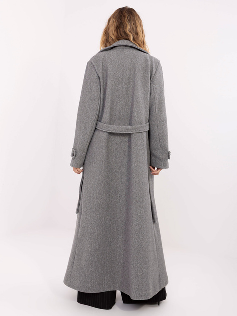 Szary elegancki płaszcz z wiązanym paskiem