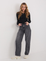 Czarna ażurowa bluzka basic z długim rękawem