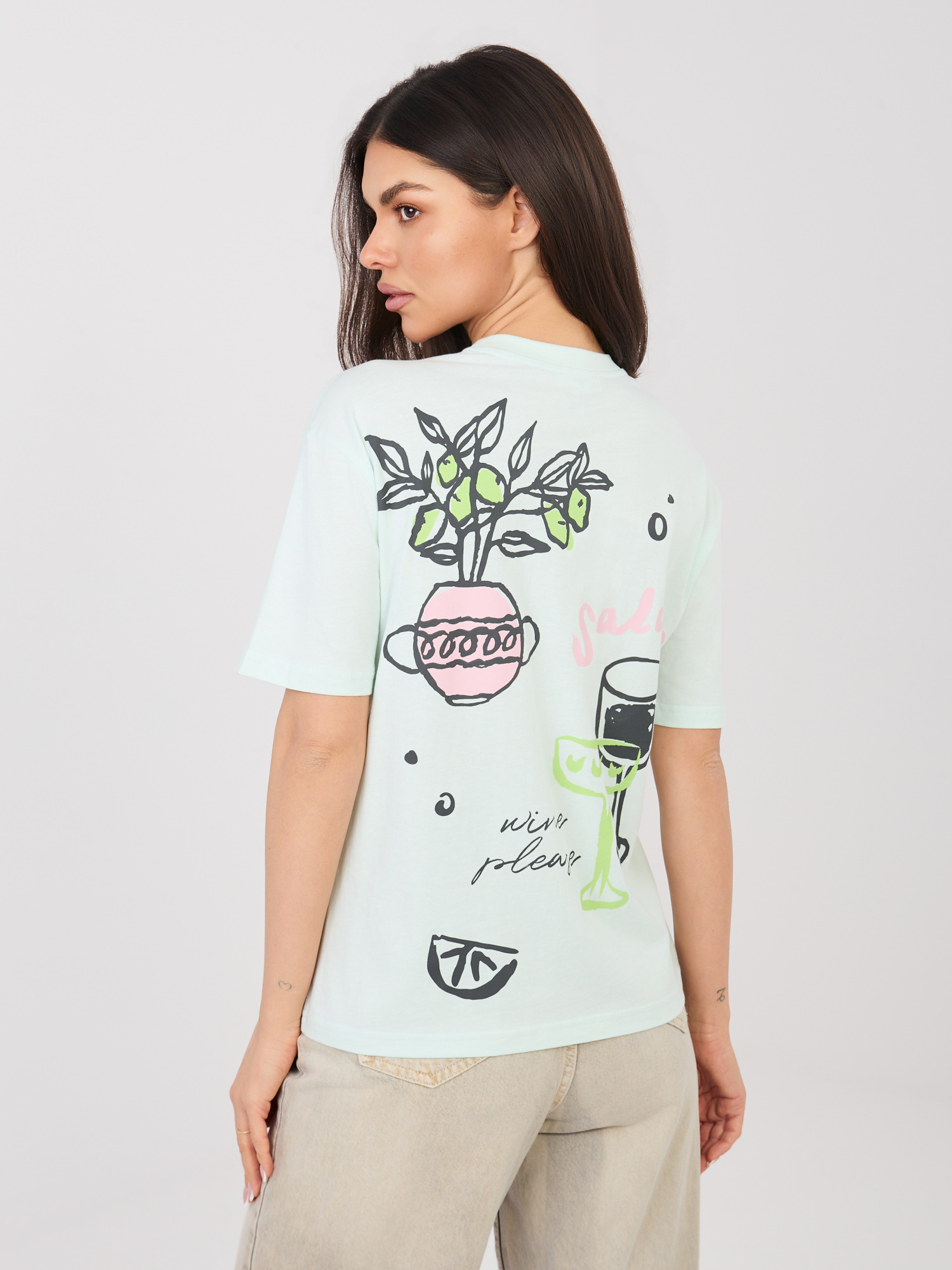 Miętowy damski t-shirt z nadrukiem na plecach SUBLEVEL