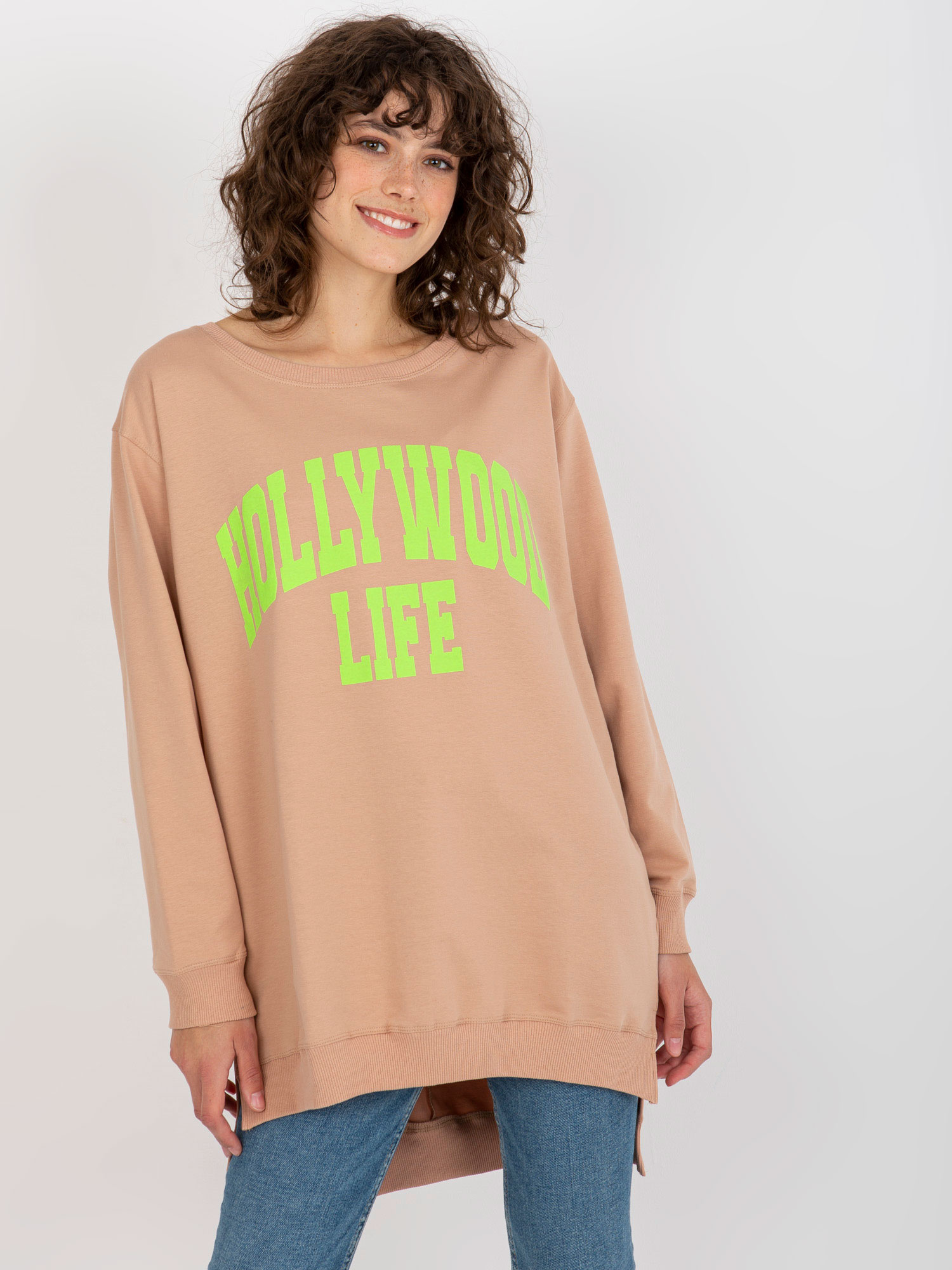 Beżowo-zielona długa bluza oversize z napisem