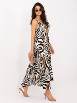 Black trapeze dress with zebra pattern.